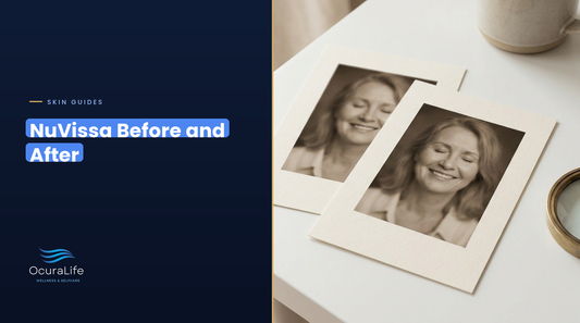 NuVissa before and after: two printed face photos side by side on a white desk with a magnifying glass