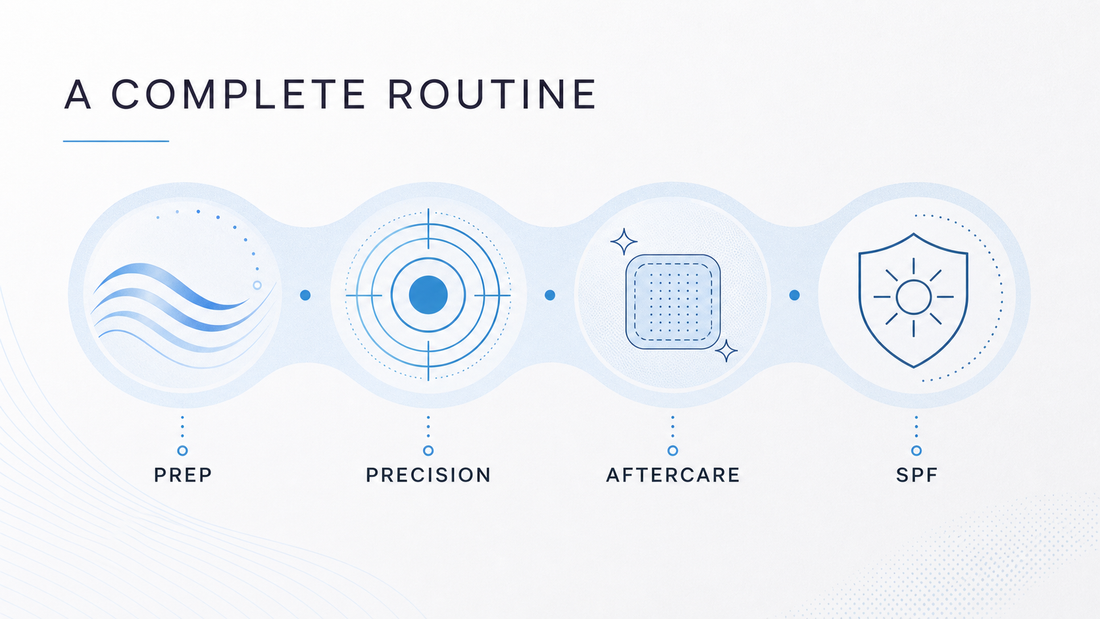 Infographic showing a complete plasma pen routine from prep and precision through aftercare and SPF