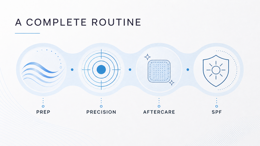 Infographic showing a complete plasma pen routine from prep and precision through aftercare and SPF
