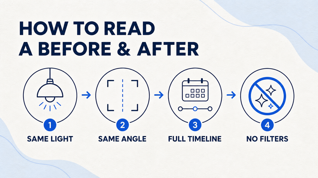Infographic checklist for reading before-and-after images using the same light, same angle, full timeline, and no filters