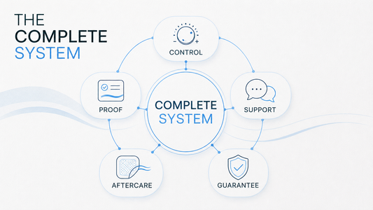 Infographic showing the five parts of a complete plasma pen system: control, proof, support, aftercare, and guarantee