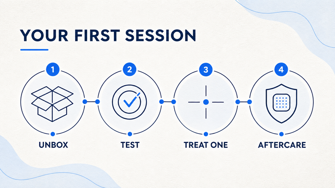 First-session infographic showing unboxing, testing, treating one spot, and aftercare