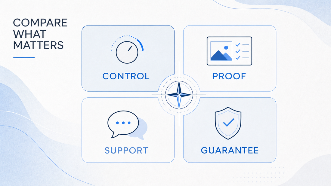Comparison infographic covering control, proof, support, and guarantee