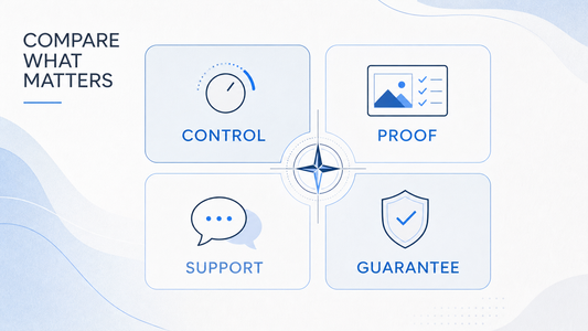 Comparison infographic covering control, proof, support, and guarantee