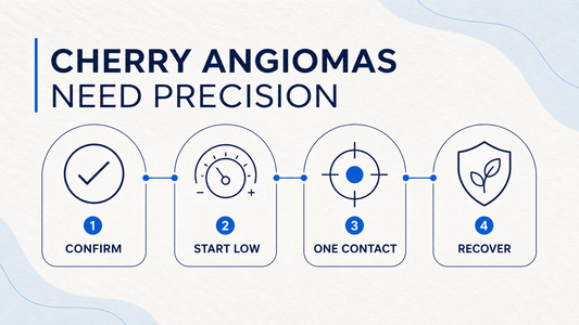 Cherry angioma infographic showing confirmation, low settings, one contact, and recovery