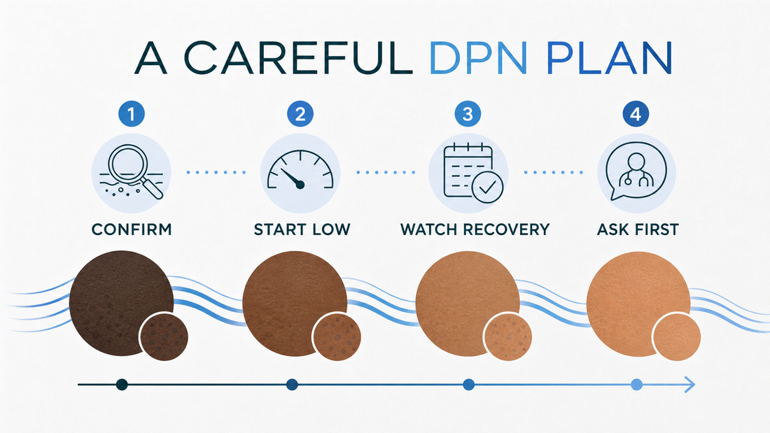 DPN infographic showing confirmation, low settings, recovery, and professional guidance