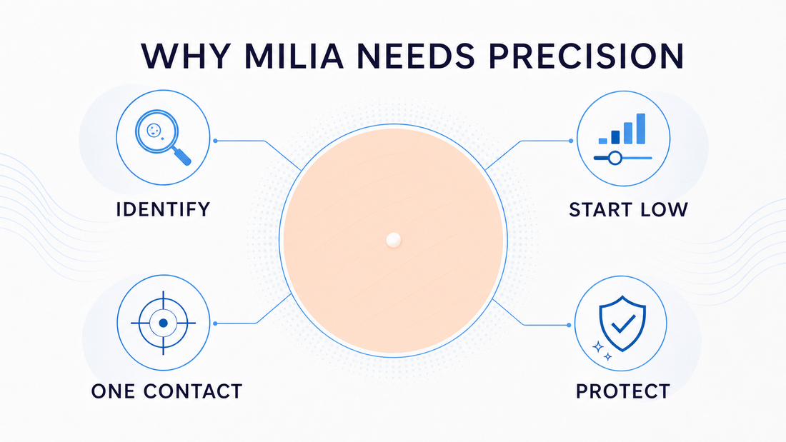 Milia infographic showing identification, low settings, one contact, and protected recovery