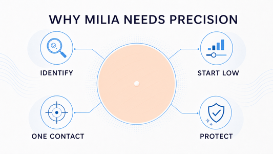 Milia infographic showing identification, low settings, one contact, and protected recovery