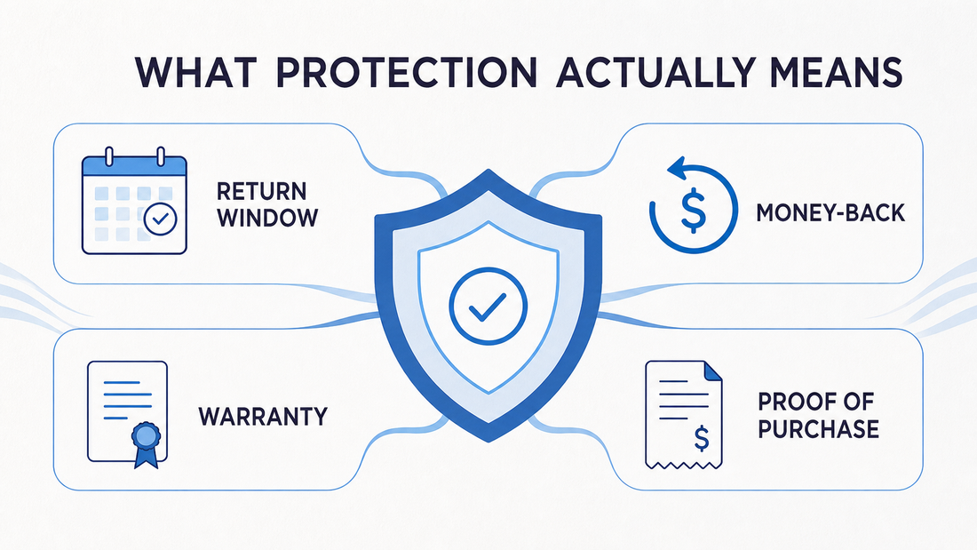 Buyer protection infographic comparing return windows, money-back guarantees, warranties, and proof of purchase