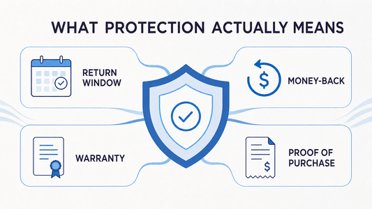 Buyer protection infographic comparing return windows, money-back guarantees, warranties, and proof of purchase