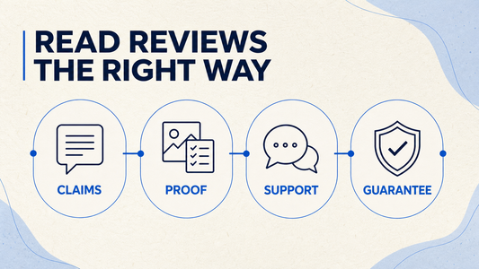 Infographic showing how to evaluate NuzzyPen reviews through claims, proof, support, and guarantee