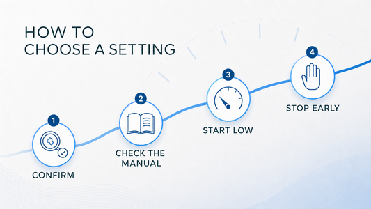 Infographic showing how to choose a plasma pen setting: confirm, check the manual, start low, and stop early