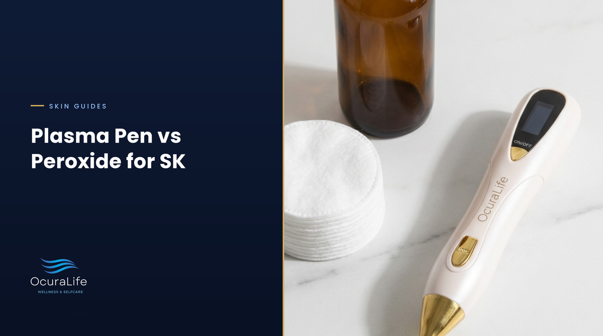 Plasma pen vs hydrogen peroxide for seborrheic keratosis: an unlabelled peroxide bottle beside the OcuraLife Plasma Pen