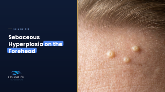Close-up of small yellowish sebaceous hyperplasia bumps on forehead skin near the hairline
