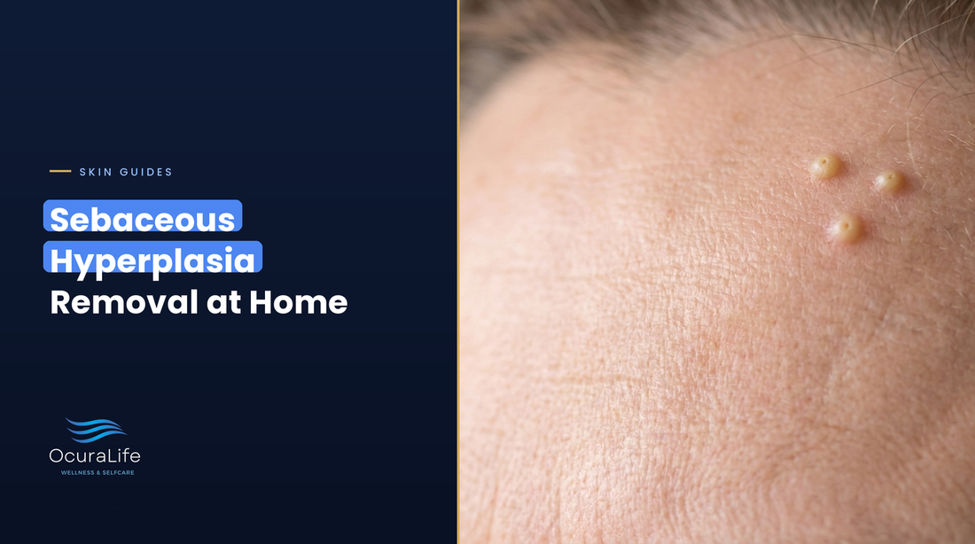 Small yellowish sebaceous hyperplasia bumps on the forehead of a woman in her fifties