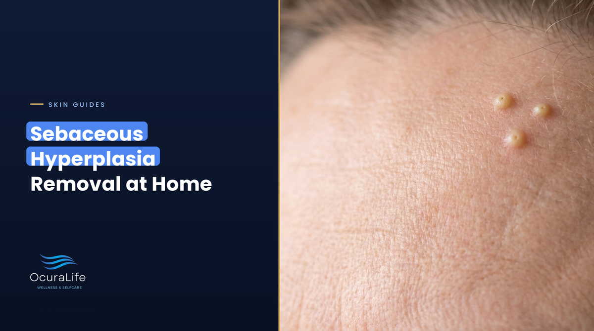 Small yellowish sebaceous hyperplasia bumps on the forehead of a woman in her fifties