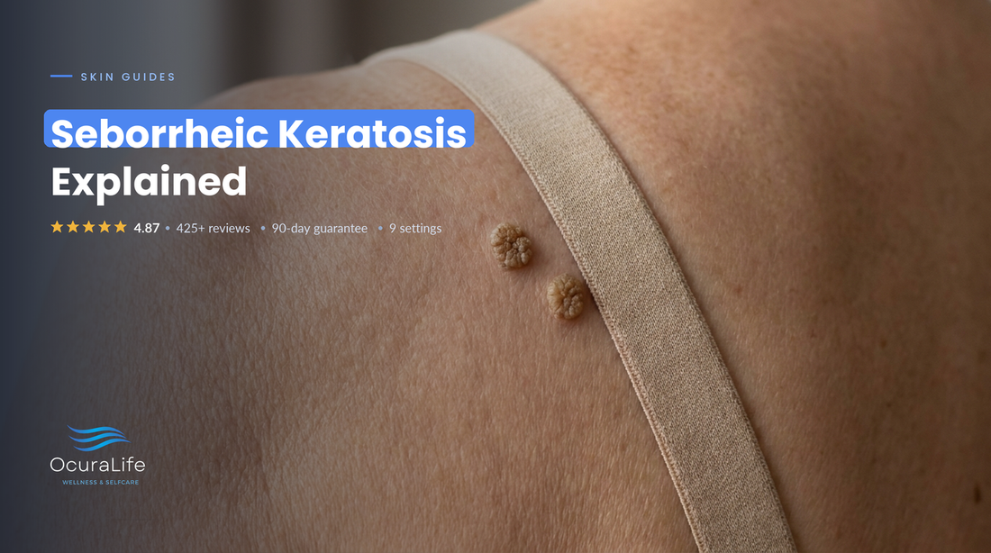 Seborrheic keratosis: raised waxy brown stuck-on growths on the upper back beside a bra strap