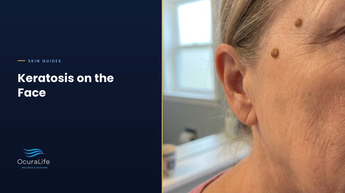Raised waxy seborrheic keratosis growths on the temple of an older woman
