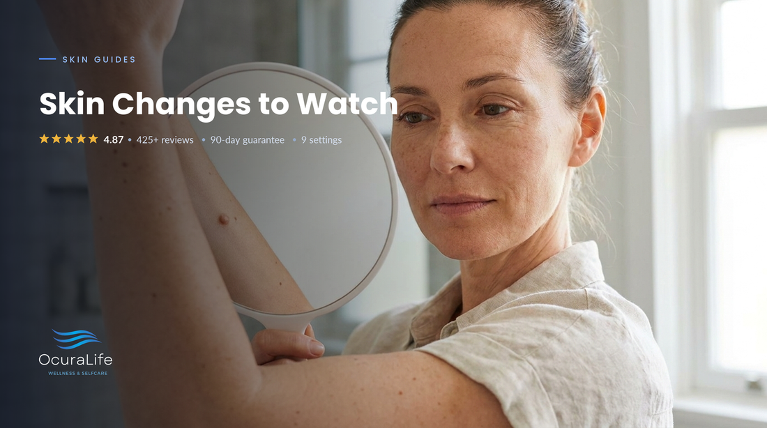 Woman in her 40s checking a small spot on her upper arm with a hand mirror in bathroom daylight