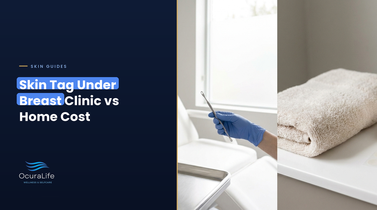 Skin tag under breast: clinic treatment room beside an at-home care setup