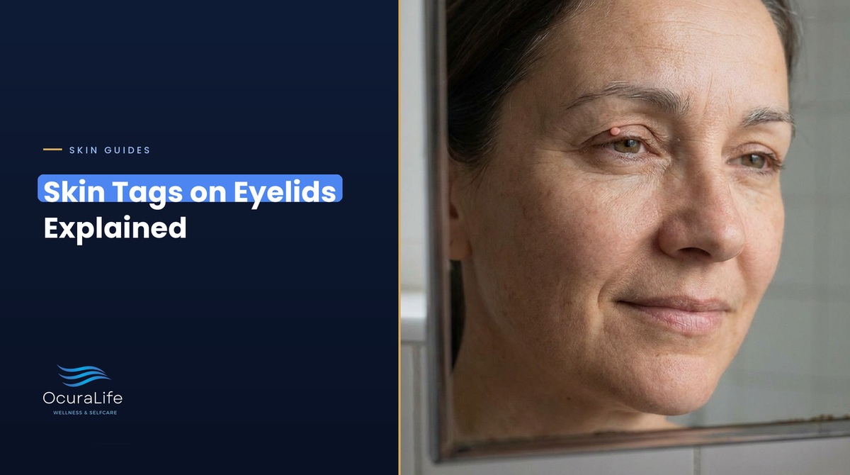 Woman over 40 looking in a mirror at a small skin tag on her upper eyelid