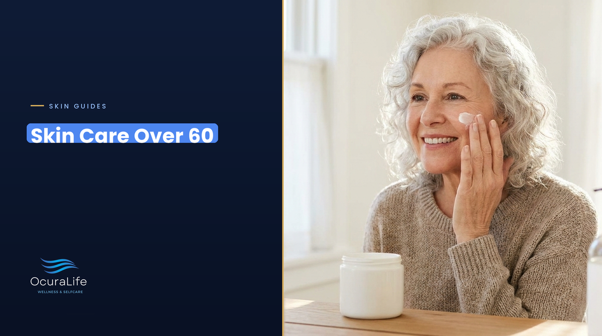 Woman in her 60s applying moisturizer, a guide to skin care over 60