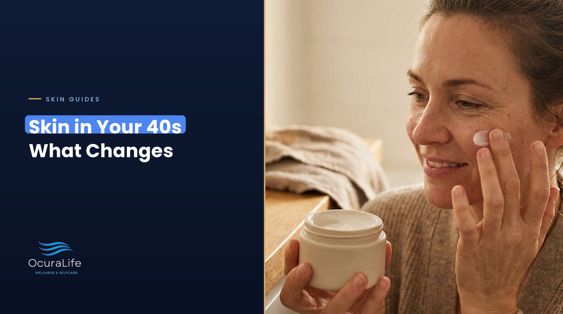 Woman in her 40s applying moisturizer to her cheek, cover for Skin in Your 40s: What Changes