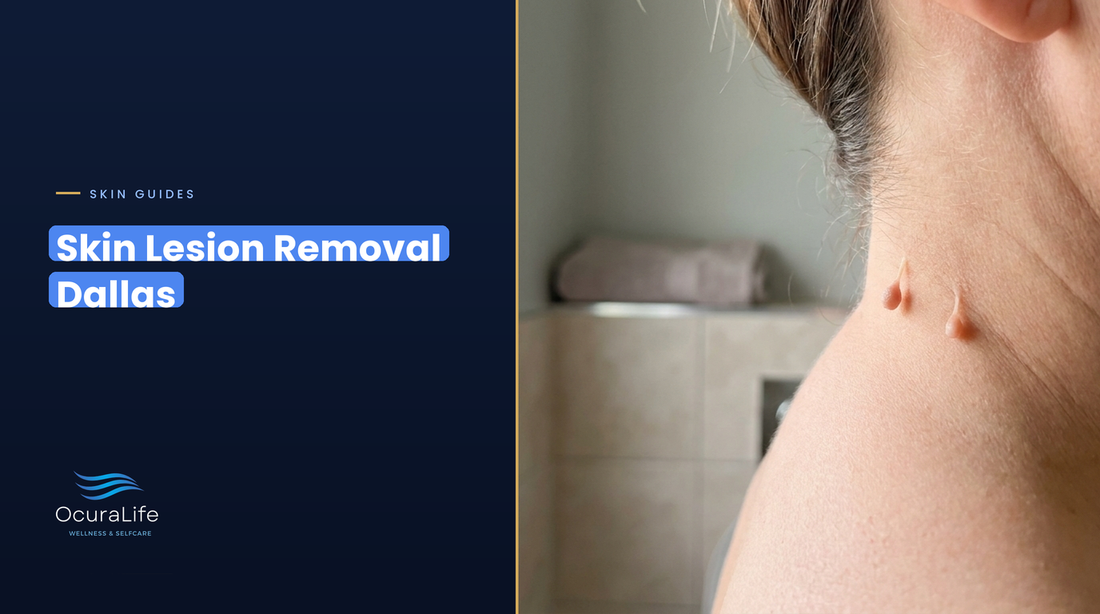 Skin lesion removal in Dallas: two small flesh-colored skin tags on the side of a woman's neck