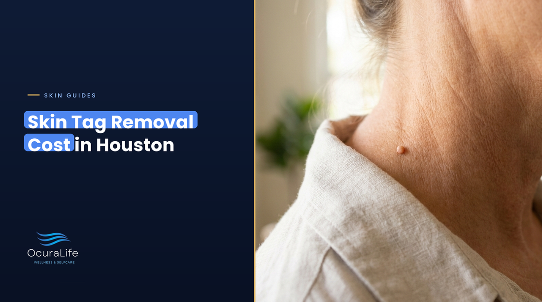 Small skin tag on the side of a woman's neck in soft window light at home in Houston