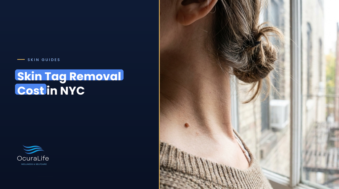 Small skin tag on the side of a woman's neck by a New York City apartment window