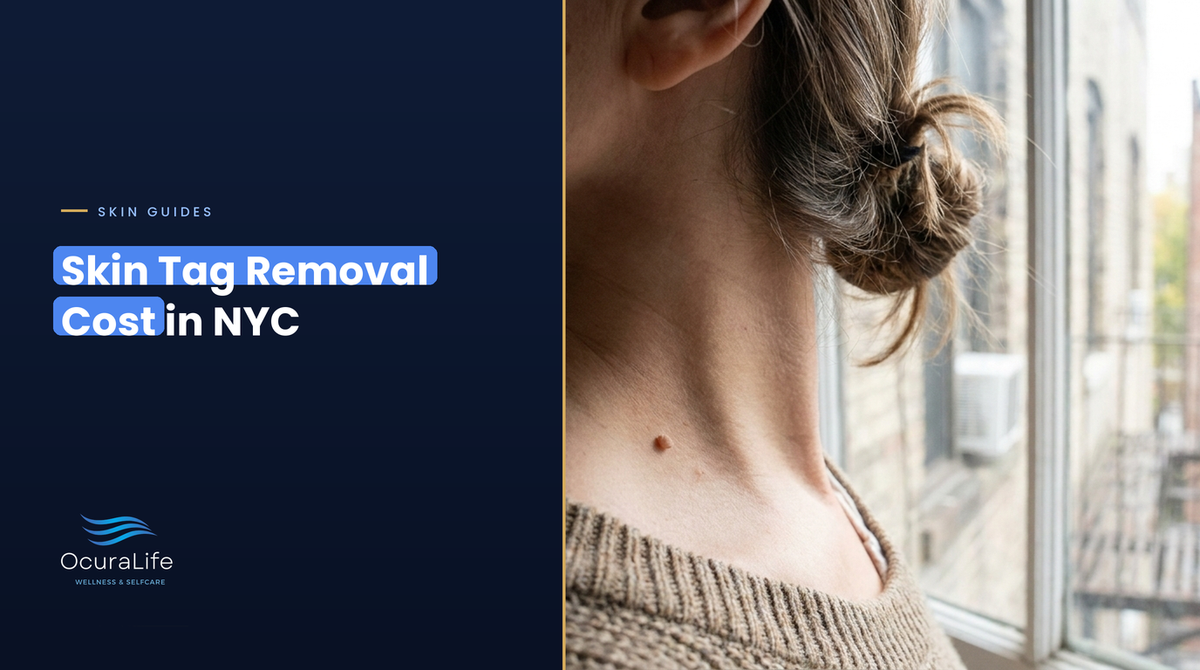 Small skin tag on the side of a woman's neck by a New York City apartment window