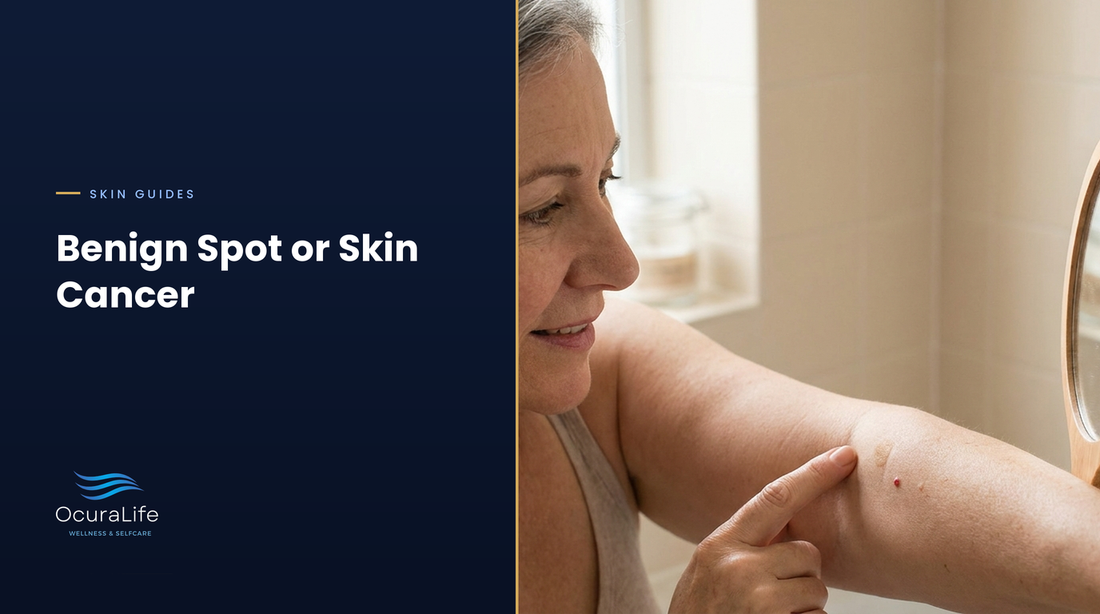 Woman in her fifties checking a small red dot and a light-brown spot on her upper arm in a bathroom mirror
