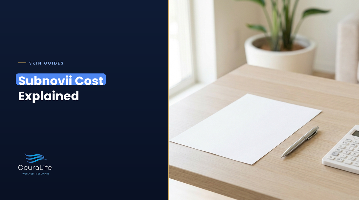 Subnovii cost explained: a clinic consultation desk with a blank treatment quote, a pen and a calculator
