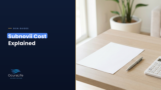 Subnovii cost explained: a clinic consultation desk with a blank treatment quote, a pen and a calculator