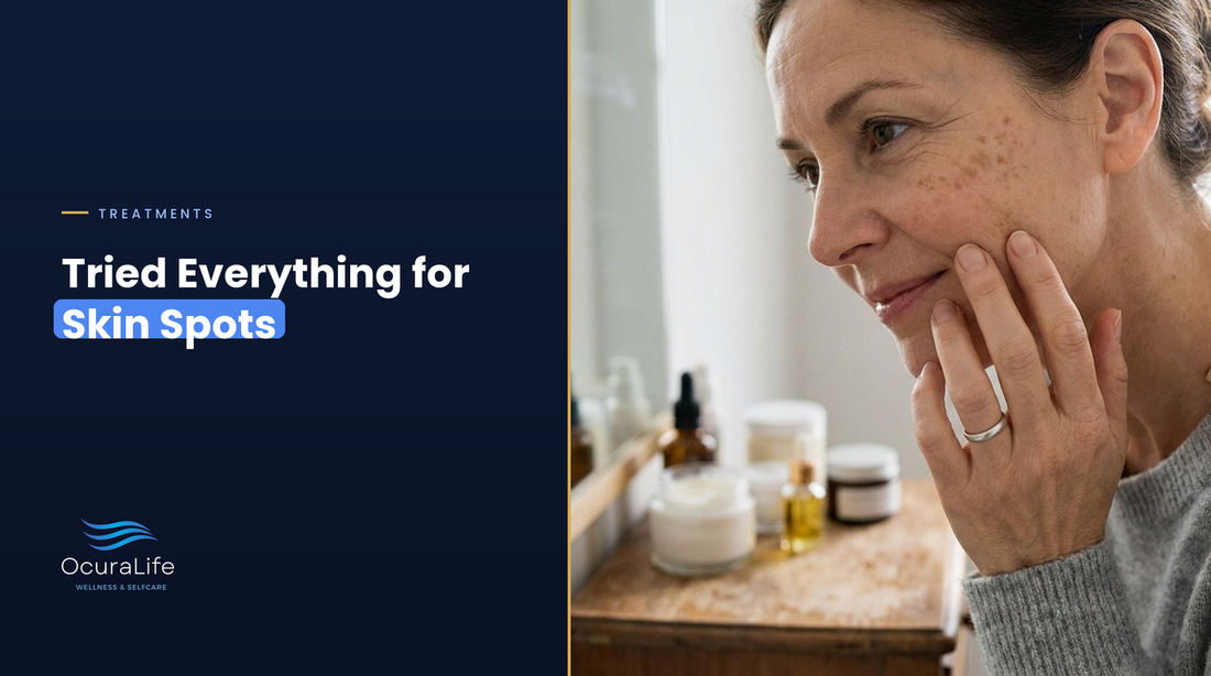 Woman in her 50s checking age spots on her cheek in a bathroom mirror, tried everything for skin spots