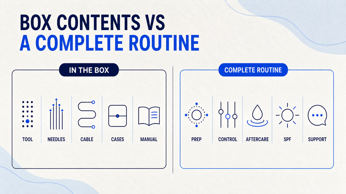 Infographic comparing NuzzyPen box contents with the parts of a complete routine