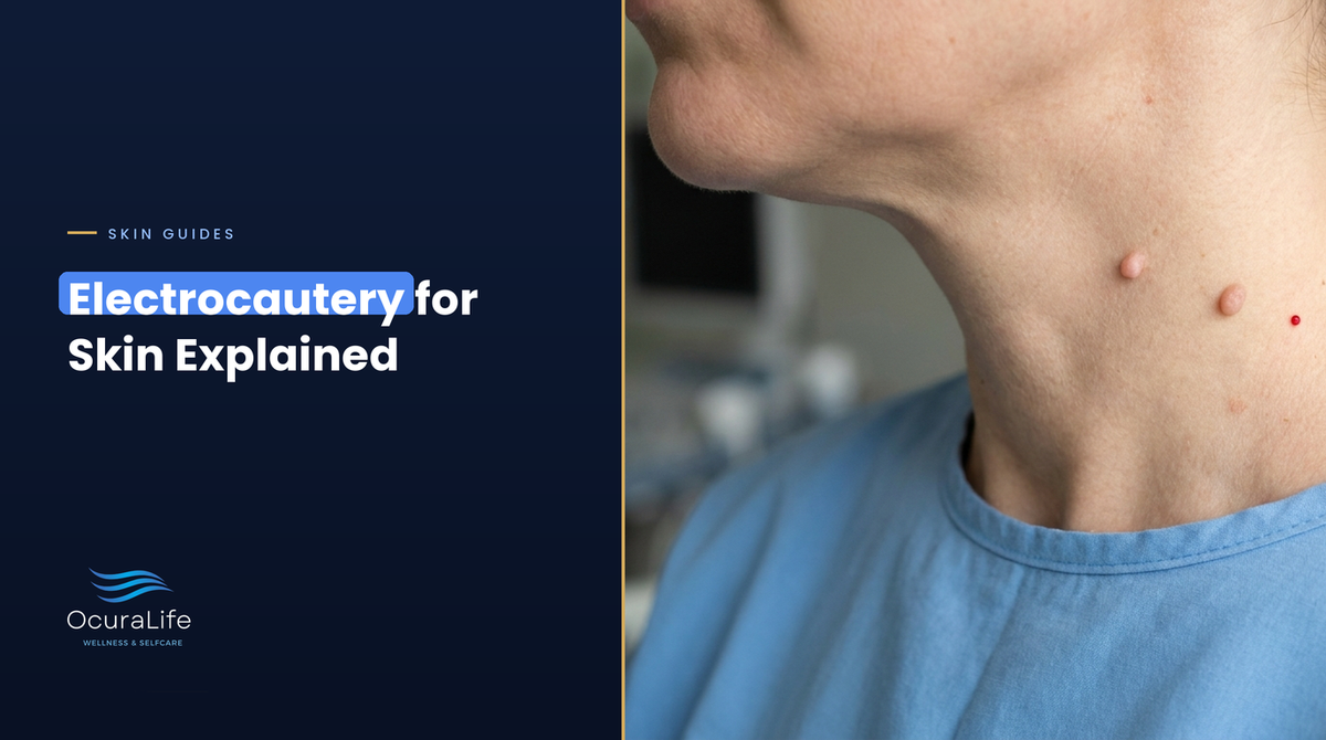 Two small skin tags and a tiny red cherry angioma on the side of a woman's neck, the kind of growths electrocautery removes