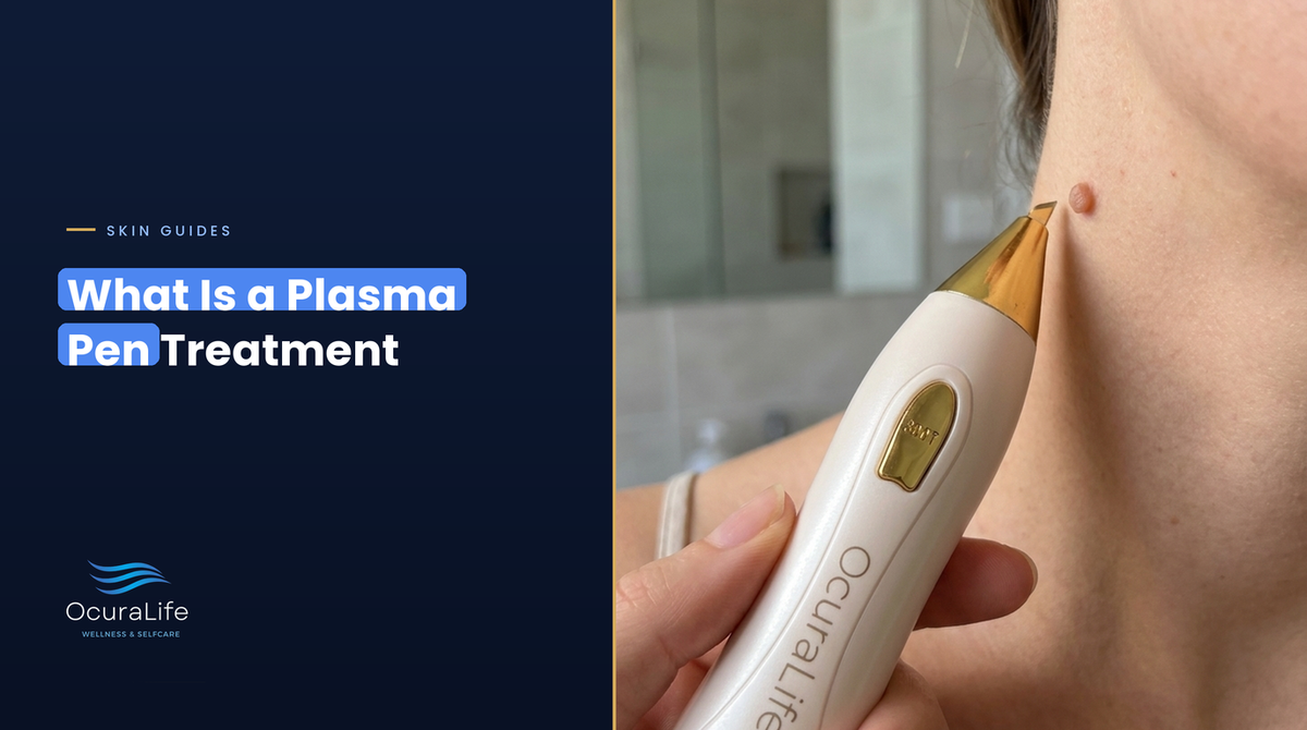 An at-home plasma pen held just above a small skin tag on the side of the neck