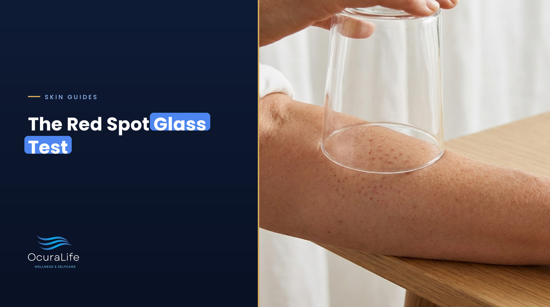 Clear glass pressed on a forearm with tiny flat red dots, the glass test for red spots and petechiae
