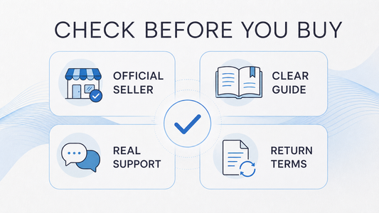 Buyer checklist infographic covering the seller, instructions, support, and return terms