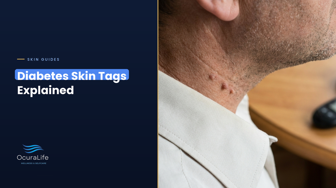 Close-up of several small skin tags on the side of a man's neck above a shirt collar