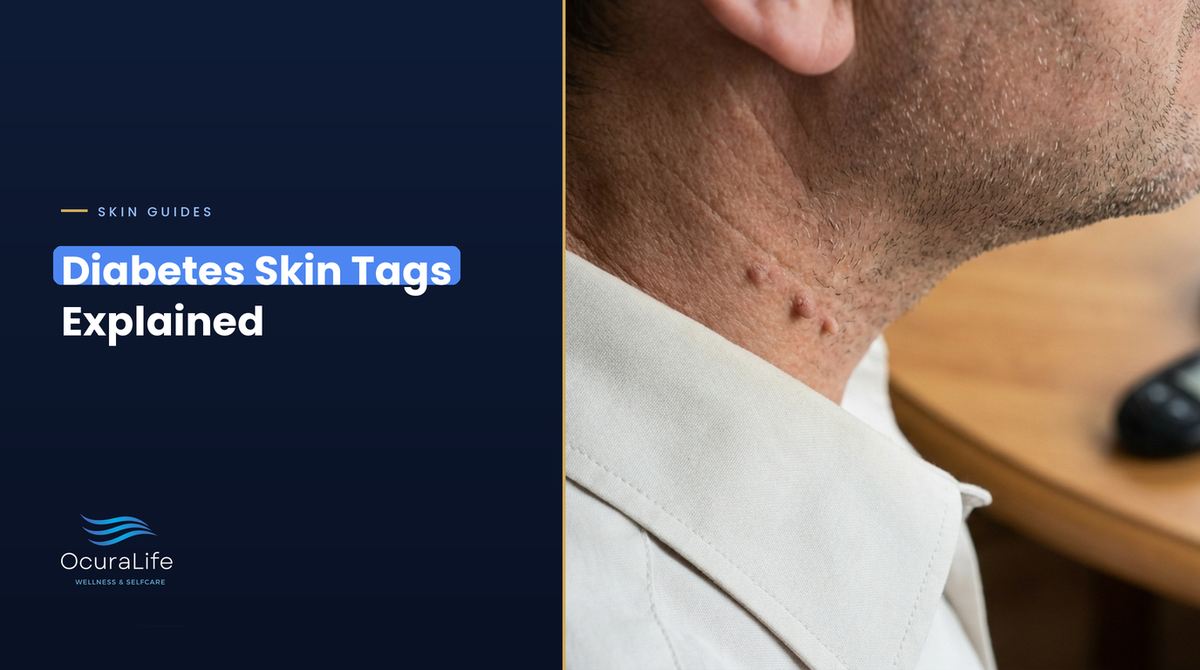 Close-up of several small skin tags on the side of a man's neck above a shirt collar