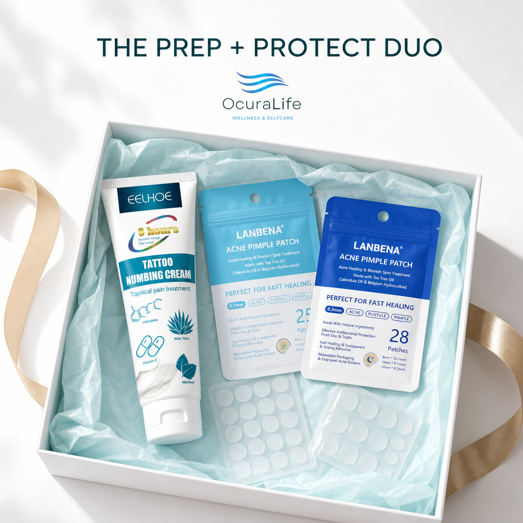 Ocura numbing cream and healing patches for pre-treatment and post-treatment skin care