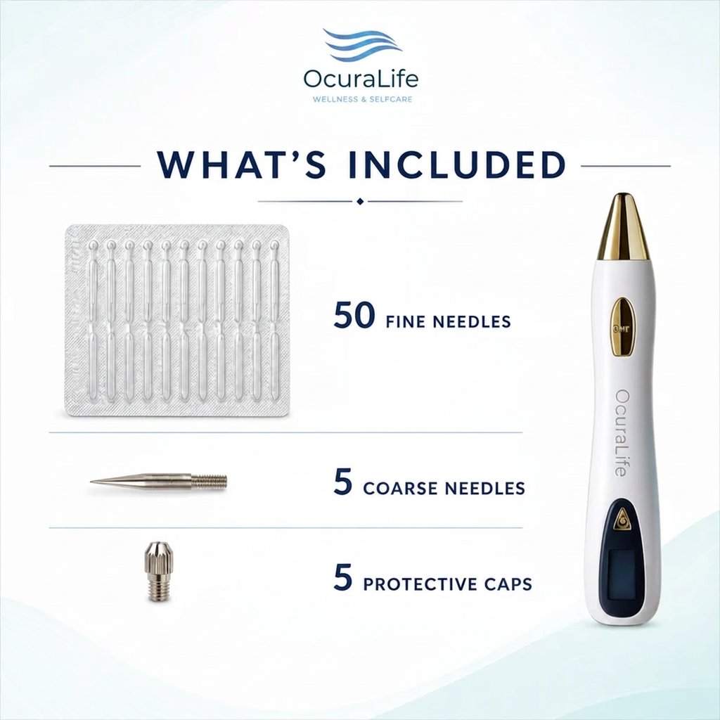 Ocura plasma pen needle kit with 50 fine needles, 5 coarse needles and 5 protective caps