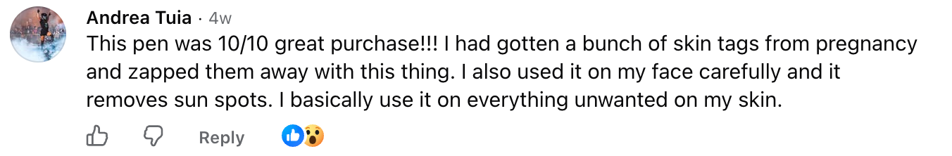 Andrea Tuia, Facebook comment about removing skin tags from pregnancy and sun spots