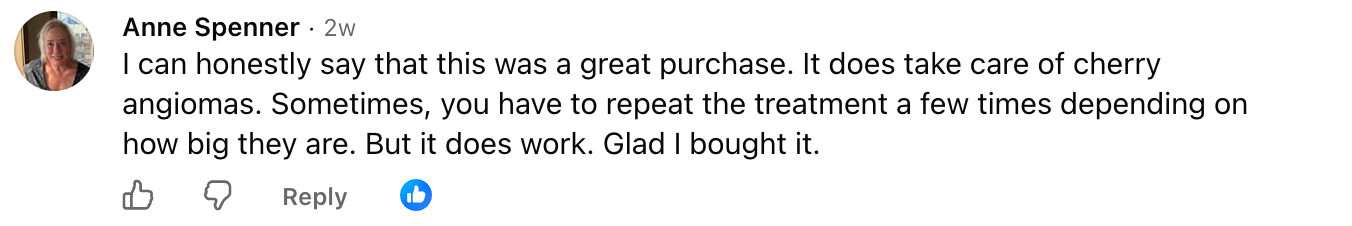 Anne Spenner, Facebook comment about treating cherry angiomas