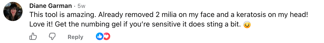 Diane Garman, Facebook comment about removing milia and a keratosis